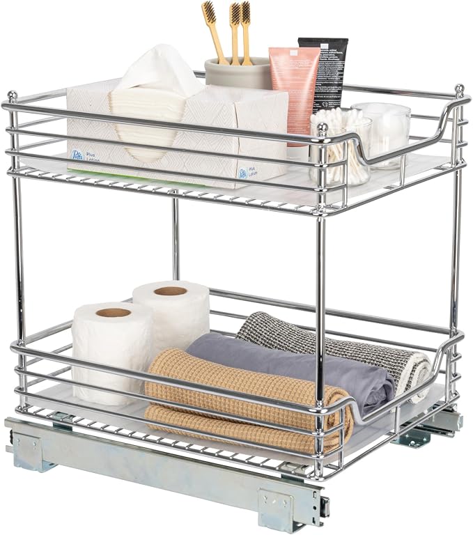 Household Essentials Glidez Chrome-Plated Steel Pull-Out/Slide-Out Storage Organizer with Plastic Liners for Under Cabinet Use - 2-Tier Design - Fits Standard Size Cabinet or Shelf, Chrome by HouseholdEssentials