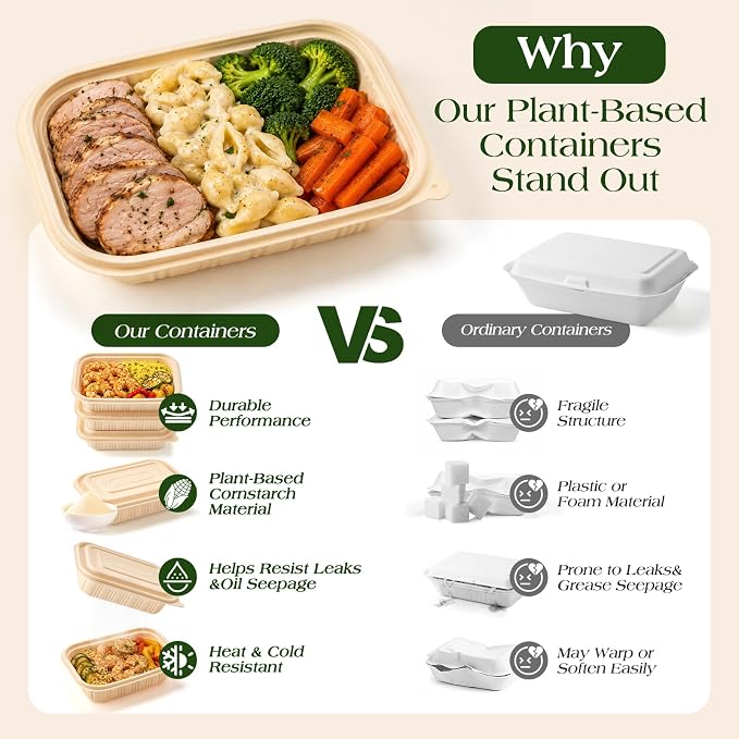 100 Piece (50 Pack) Meal Prep Containers with Lids, 16 oz Cornstarch Small Food Storage Containers Plant-based Lunch Box for Salad, BPA Free Plastic Disposable Take Out Boxes Microwave & Freezer Safe - Image 3
