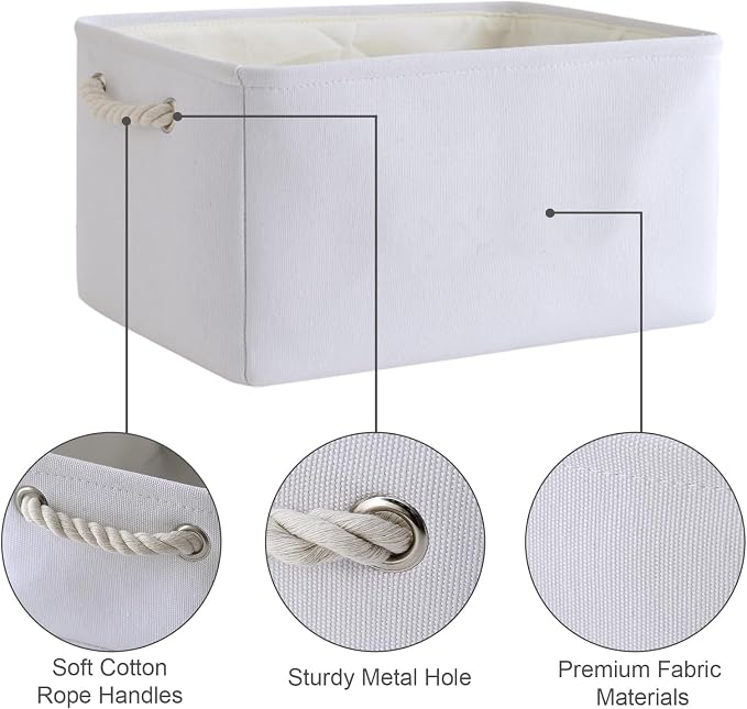 Decorative Basket for Organizing - Medium-1Pack 13.8L*9.8W*6.7H Rectangular Fabric Storage Bin Organizer Basket with Handles for Clothes (White) - Image 6