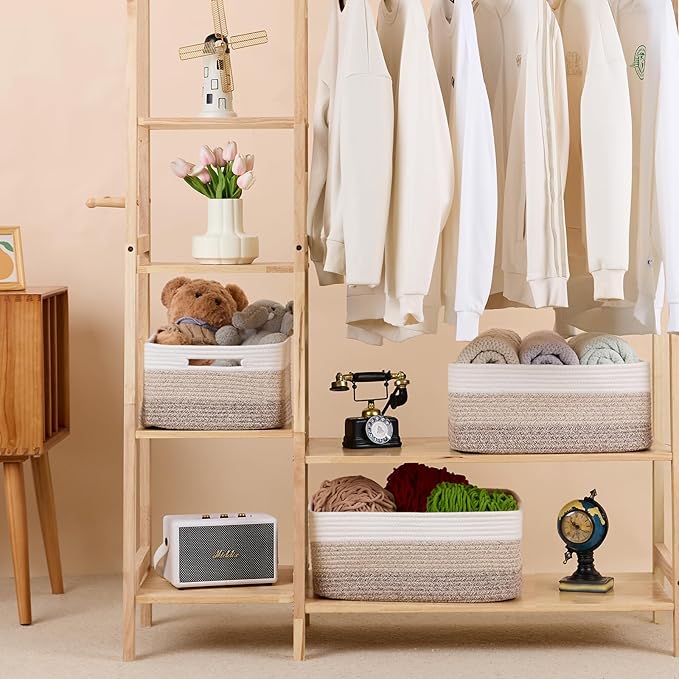 MiniArk Large Storage Baskets for Organizing, 17 x 13 x 7.5” Closet Shelf Baskets for Clothes Blanket Towels, Baby Nursery, Toy Bins Box, Woven Rope Basket, 3 Packs Gradient Brown - Image 3