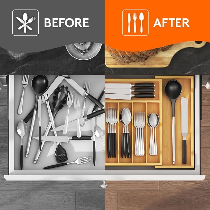 Lifewit Silverware Drawer Organizer, Expandable Utensil Tray for Kitchen, Flatware and Cutlery Holder, Wood Adjustable Storage for Spoons Forks Knives, 13-22x15/ 33-56x38cm, Natural | Expandable Flatware and Cutlery Holder, Adjustable Storage for Spoon... - Image 8