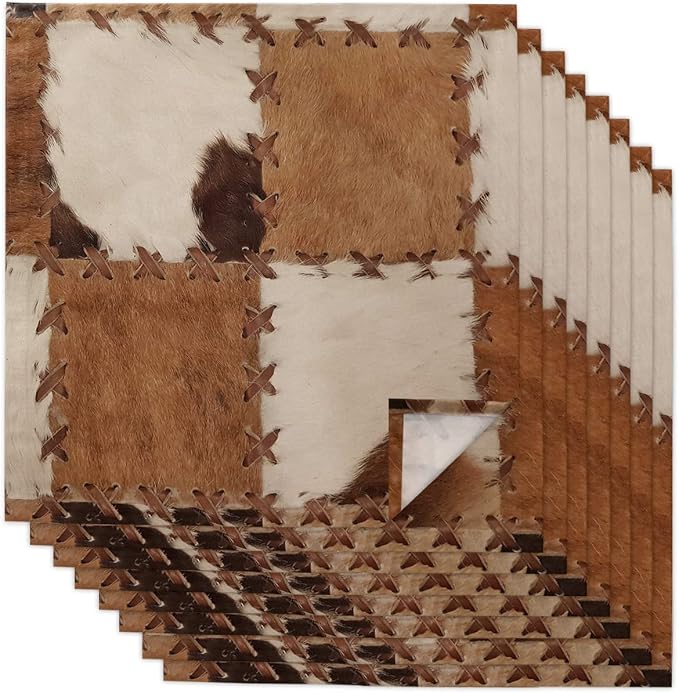 Brown White Geometric Cloth Napkins Set of 8, Retro Plush Cowhide Texture Dinner Napkins Cloth Washable, Cocktail Napkins Reusable for Wedding, Party, Birthday (20"x20") by Unknown