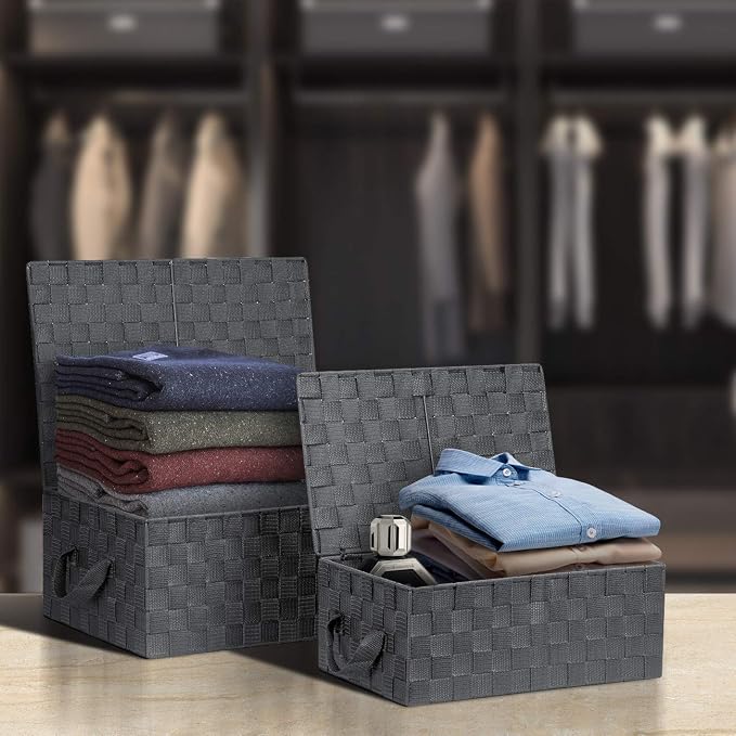 Sorbus Set of 3 Storage Baskets for Organizing with Lid, Mesh Hand-Woven Design, Linen Closet Organizers and Storage, Organizer Storage Baskets for Shelves, Variety Pack Organizers and Storage (Gray) - Image 2