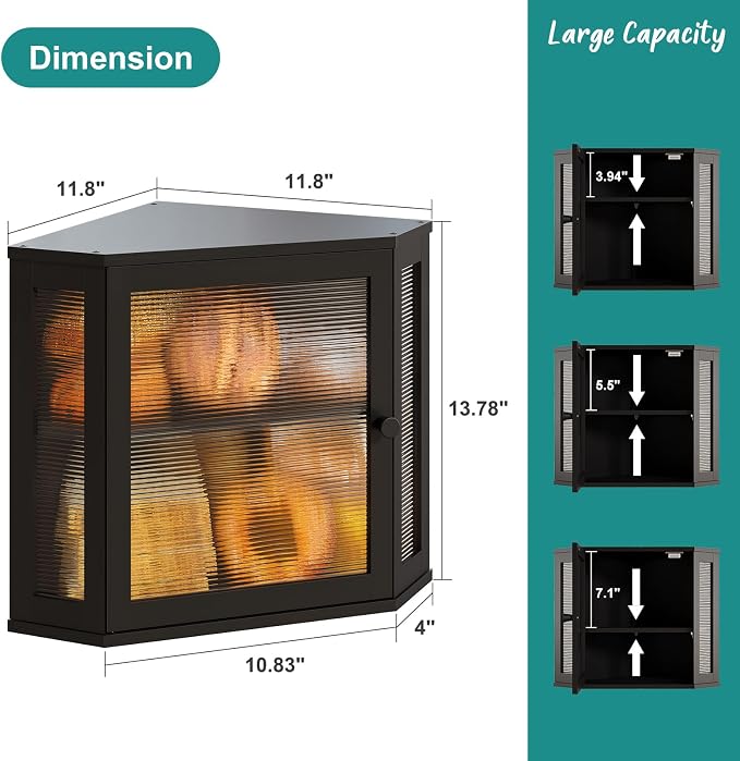 Corner Bread Box, Bamboo Bread Box for Kitchen Countertop, 2 Tier Wooden Bread Storage, Black - Image 3