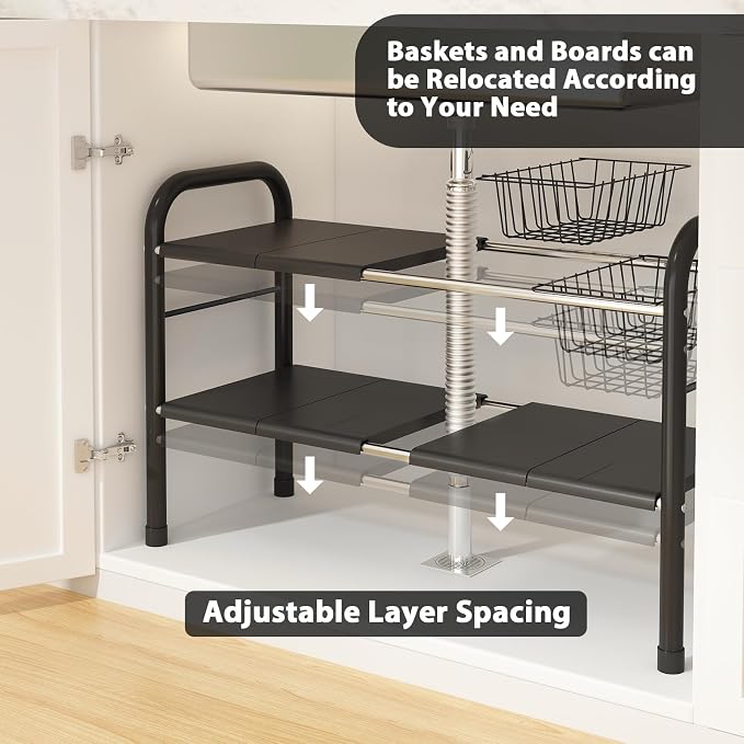 Expandable Under Sink Organizer, 2 Tier Under Sink Shelf | With 2 Removable Baskets and 6 Removable Panels, For Cabinet Sink Cloakroom Wardrobe Closet Storage, Black, 17.71”-32”Length - Image 3