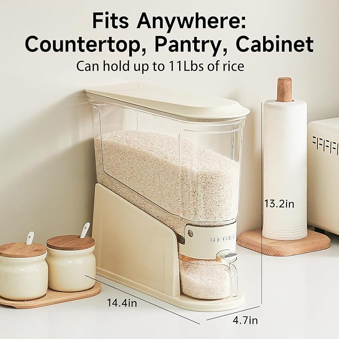 UFORU Slim Rice Dispenser 11 LB,Clear Rice Storage for Small Spaces | White,BPA-Free Sealed Design for Rice, Grain and Cereal,Rice Container Fits Narrow Pantry Shelves and Countertops - Image 3