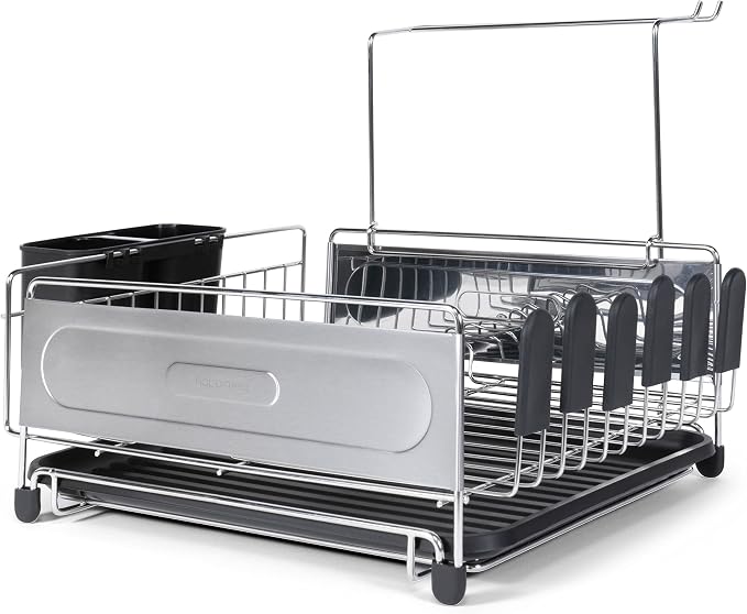 happimess Dish Drying Rack Compact Stainless Steel, 17.25", Silver/Black | Fingerprint-Proof, Wine Glass Holder, Detachable Utensil Caddy, Drainboard, Non-Slip Feet, Modern Contemporary Style - Image 6