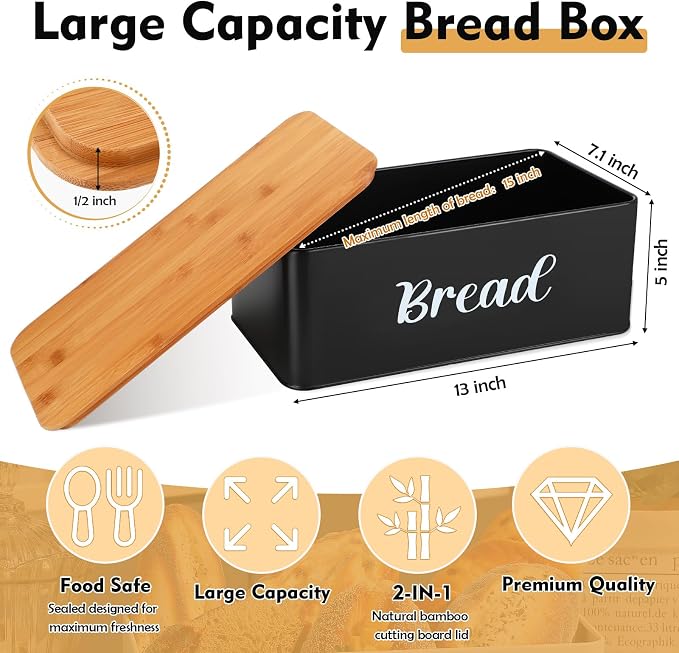 Hushee Metal Bread Box and Butter Dish with Bamboo Cutting Board Lid and Knife Bread Storage Container Breadbox for Kitchen Counter Butter Organizer for Kitchen Countertop Decoration(Black) - Image 2