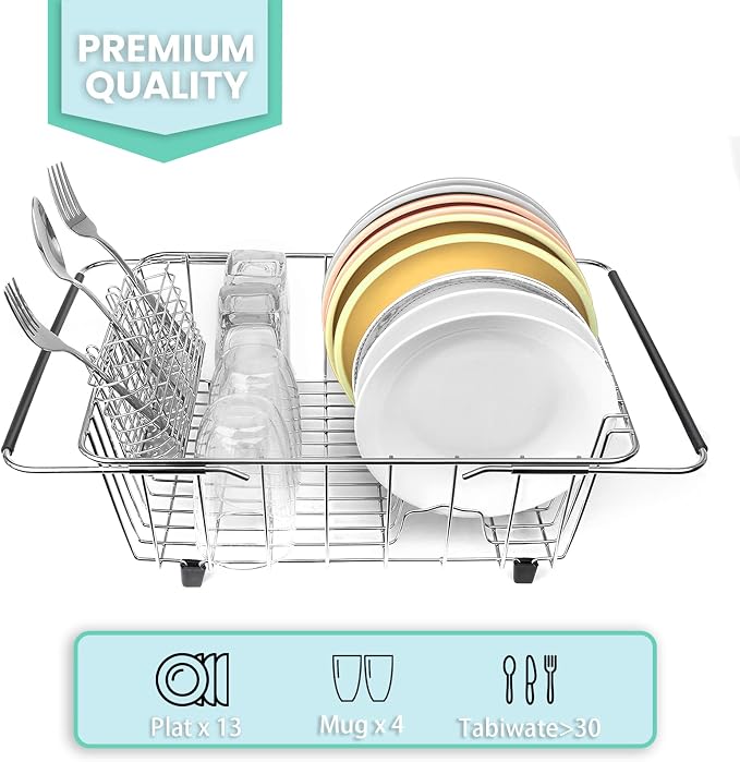 Sink Dish Drainer Rack, Expandable 304 Stainless Steel Drying Rack | Large Capacity Sink Dish Rack with Utensil Holder, Adjustable 15.35"-20.47", Fits Inside Sink, Holds Up to 13 Utensils - Image 2