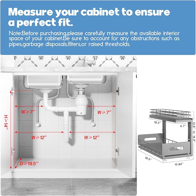 Under Sink Organizer Upgrade To Professional Rails,2-Tier Dual Pull Out Cabinet Storage,Height Adjustable Slide Out Drawers For Bathroom Kitchen,2 Pack-18.5"Dx12.8"-16.9"H,Gun Gray - Image 2