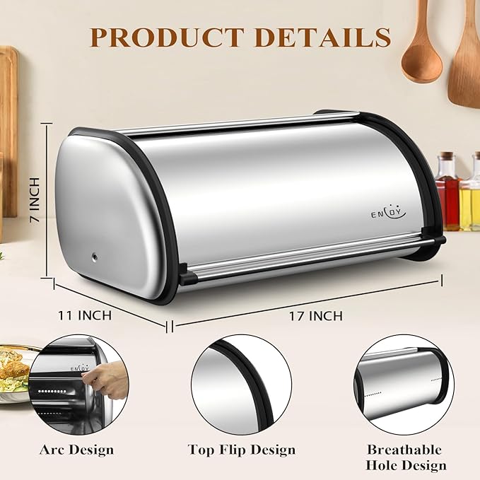 ENLOY Bread Box for Kitchen Counter, Stainless Steel Roll Top Bread Bin, Sliver Bread Storage Holder with Lid, Large Capacity Bread Keeper, 17 x 11 x 7 Inches - Image 3