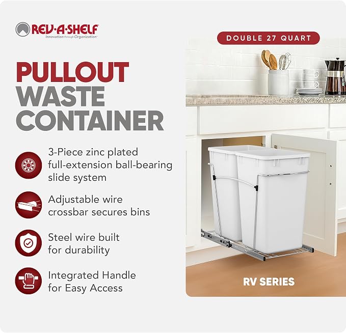Rev-A-Shelf Double 27 Qt Pullout Trash Can for Base Kitchen Cabinets, Garbage Waste Bin System with Full Extension Slides, Min Opening Width of 11.5", White, RV-15KD-11C S - Image 2