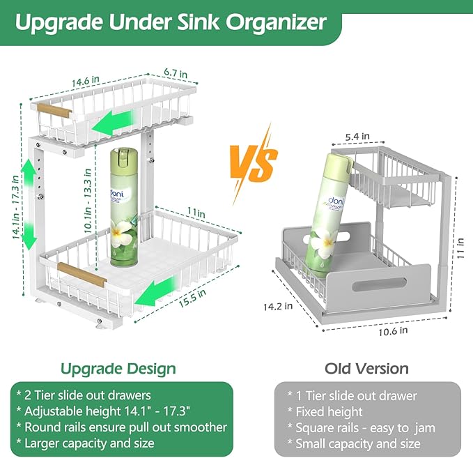 ADRIMER Under Sink Organizer 2 Packs, Pull Out Kitchen Sink Organizer, 2 Tier Slide Out Kitchen Organizers and Storage Bathroom Under Cabinet Storage Shelf, White - Image 5