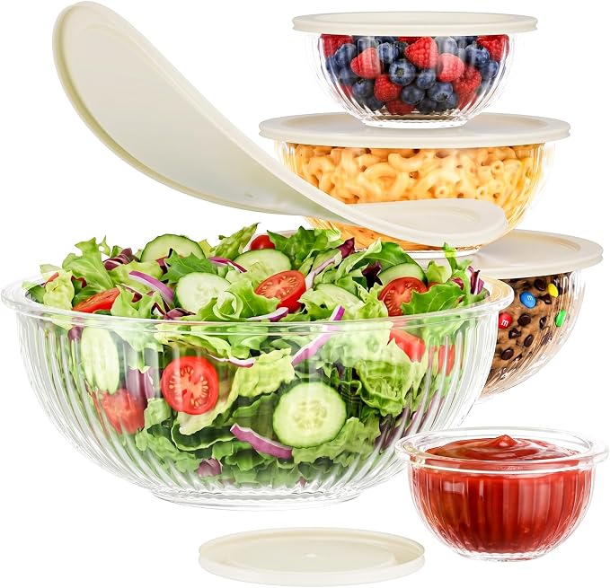 Glass Mixing Bowls with Lids Set - 5 Packs, Borosilicate Nesting Glass Bowls (3.7-2.1-1-0.5-0.2QT) for Baking, Salad, Meal Prep, Serving, Food Storage, BPA Free & Dishwasher Safe by OrderNowfromJelife