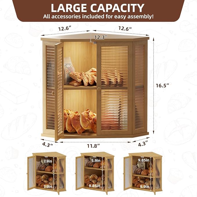 Corner bread box Bread Box for Kitchen Countertop - Corner Bread Storage Box 16.5" H, Premium Wood with Glass Door, Perfect for Homemade Bread, Baguettes & Pastries (Baoboo wood) - Image 4