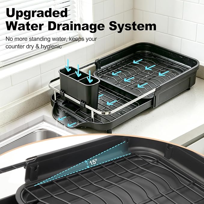 Expandable Stainless Steel 2-Tier Large Capacity Dish Drying Rack, Auto Drain Kitchen Counter Drainer with Rotatable Multi-Slot, Drainboard, Utensil, Cup Cutting Board Holder, 15"-22.4" Adjustable - Image 5