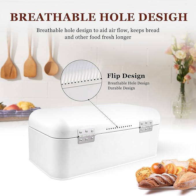 ENLOY Extra Large White Bread Box for Countertop, Stainless Steel Bread Storage Bin, Vintage Bread Box, Large Capacity Bread Keeper Holds Large Loaves - Image 5