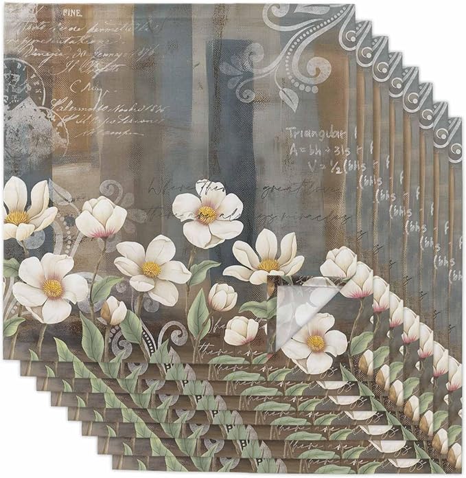 White Flower Cloth Napkins Set of 8, Rustic Floral Brown Grey Abstract Oil Paining Dinner Napkins Cloth Washable, Cocktail Napkins Reusable for Wedding, Party, Birthday (20"x20") by Unknown