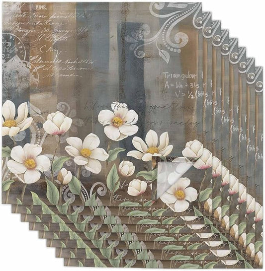 White Flower Cloth Napkins Set of 8, Rustic Floral Brown Grey Abstract Oil Paining Dinner Napkins Cloth Washable, Cocktail Napkins Reusable for Wedding, Party, Birthday (20"x20") by Unknown