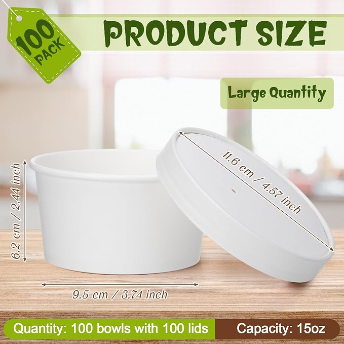 Fulmoon 100 Pack Paper Soup Containers with Lids Disposable Paper Food Containers with Vented Lid Kraft Ice Cream Cake Dessert Cups Soup Bowl for Party Hot Food Fruit Microwave(15 oz,White) - Image 2