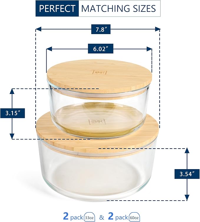 DE Glass Food Storage Containers with Bamboo Lids – 4 Pack Round (2x33oz + 2x60oz) – BPA-Free Borosilicate Glass Meal Prep Containers – Plastic-Free, Oven, Microwave, Freezer Safe - Image 2