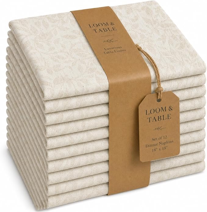 Alder Natural Linen Blend Napkins by Loom & Table - Set of 12 - Elegant, Wrinkle-Resistant, Machine Washable - Luxury Napkin for Dining Room, Weddings, Dinner Parties, Holidays, Birthdays - 18 X 18 by LoomandTable