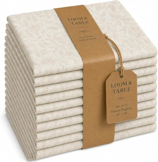 Alder Natural Linen Blend Napkins by Loom & Table - Set of 12 - Elegant, Wrinkle-Resistant, Machine Washable - Luxury Napkin for Dining Room, Weddings, Dinner Parties, Holidays, Birthdays - 18 X 18 by LoomandTable