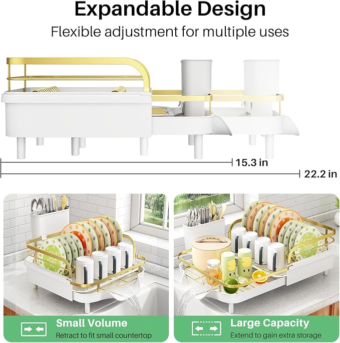 SAYZH Expandable Dish Drying Rack for Small Kitchen Counter, Gold | Stainless Steel, Protective Guardrail, Angled Drainboard, Fits High-Rim Sinks, Removable Utensil Holder - Image 3