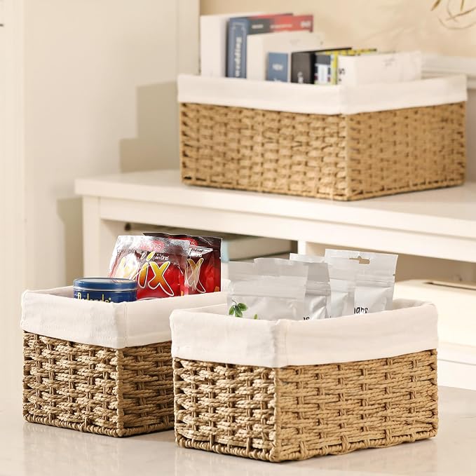 Wicker Storage Basket, 3-Pack Woven Paper Rope Wicker Baskets with Handles, Large Wicker Basket Cube Storage Bins with Liners, Storage Baskets for Organizing Shelves & Decor, Natural - Image 4