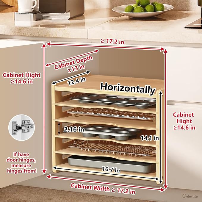 celestite Wooden Tray Dividers for Cabinets, Cookie Sheet Organizer for Cabinet, Baking Sheet Pan Organizer for Kitchen Organizers and Storage (6 Tier 12.4" Wx14.1 Hx16.7 D) - Image 2