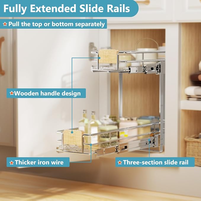 LOVMOR 2 Tier Pull Out Cabinet Organizer 7½" W x 21½" D, Slide Out Drawers with Wooden Handle, Sliding Shelves Organization and Storage for Kitchen, Pantry - Image 4