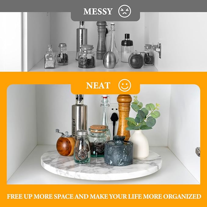 16'' Marble Lazy Susan Marble Turntable for Kitchen Dinning, Lazy Susans Organizer for Cabinet, Serving Rotation Spinning Tabletop Organizer Swiveling, Spice Rack Storage(Arabescato White) - Image 5