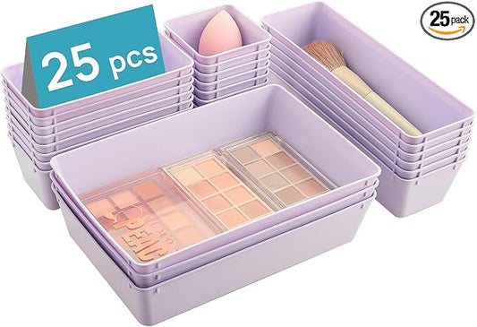 Vtopmart 25 Pack Plastic Drawer Organizers with Non-slip Rubber Pads | 4-Size Versatile Makeup Organizer, Storage Containers Small Bins for Makeup, Jewelries, Bedroom, Kitchen Utensils and Office by Vtopmart