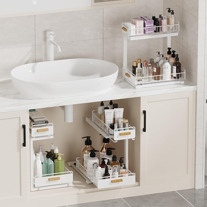 Under Sink Organizer Kitchen - Upgraded Professional Rails, 2 Tier Dual Pull Out Cabinet Storage, Height Adjustable Under Sink Storage, Metal Sliding Drawer for Kitchen & Bathroom, White, 2 Pack - Image 9