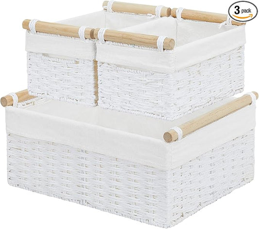 Wicker Storage Basket, Set of 3 Hand-woven Storage Baskets for Organizing, Large Cube Storage Organizer Baskets Bins with Handles for Shelves Decor, Small Toilet Paper Storage Basket, White by Vagusicc