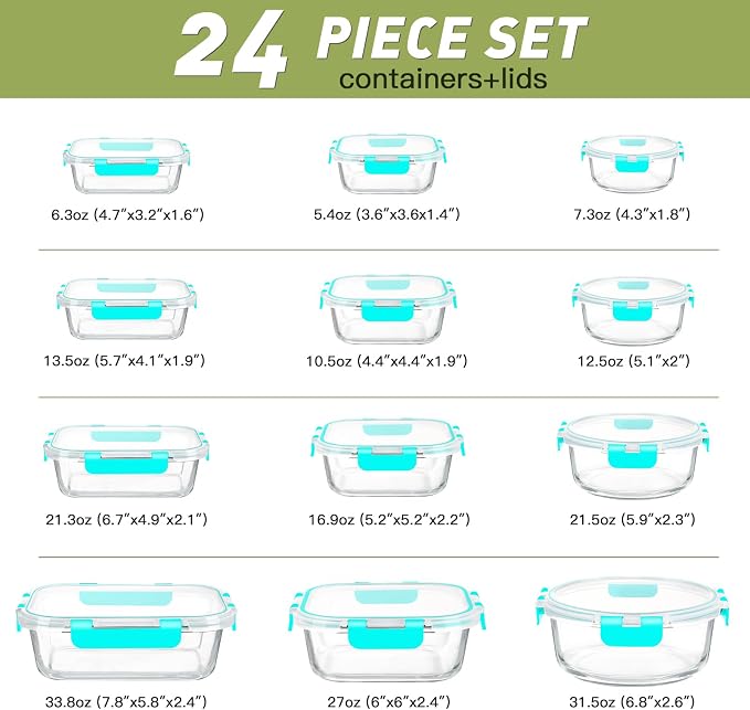 BAYZZ 24 Piece Glass Food Storage Containers with Lids, Airtight Glass Meal Prep Containers for Kitchen, BPA-Free Lunch Box, Microwave and Freezer Safe,Green - Image 7