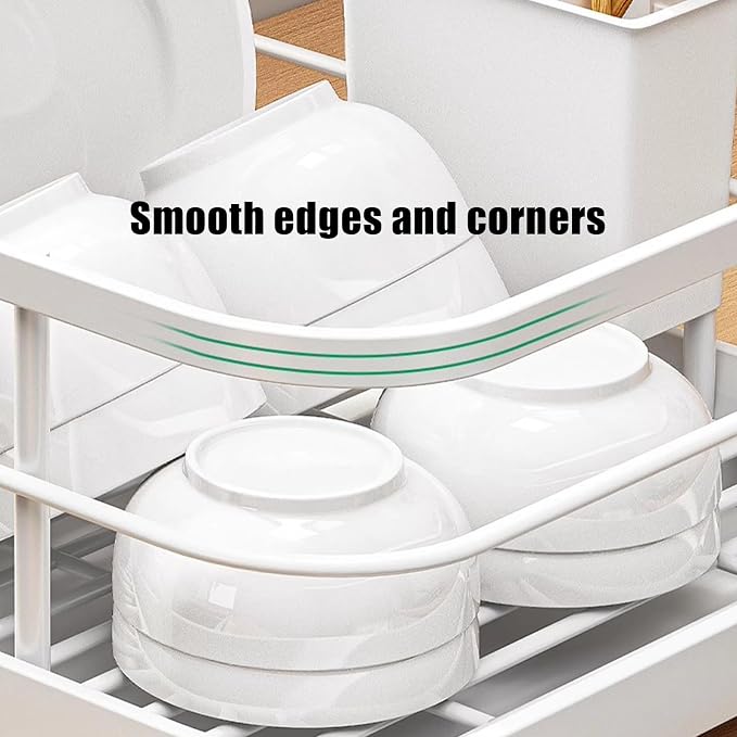 Kitchen Counter Dish Drying Rack,Stainless Steel Dishes Drainer with Utensil Holder,Space-Saving Dish Rack,Removable Plastic Drainer Tray for Dishes, Knives, Spoons (White,No Cup Holder) - Image 4