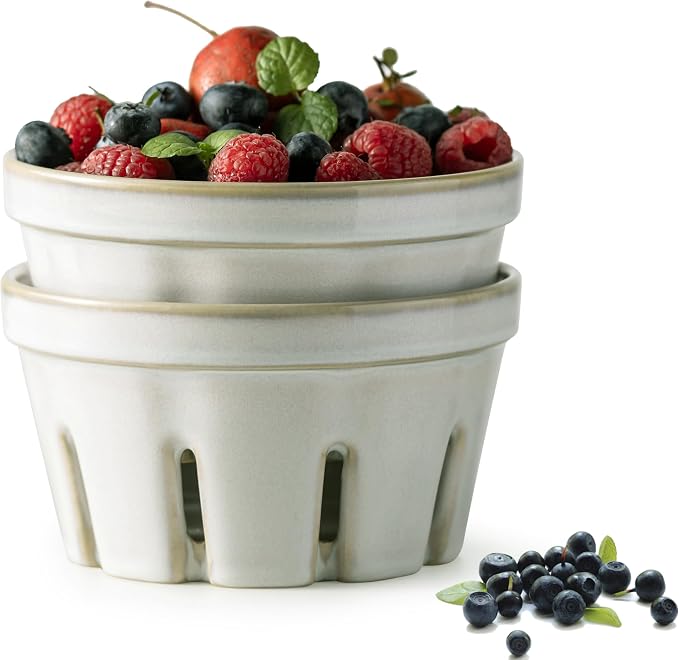 Gomakren Ceramic Berry Basket Set of 2, Fruit Bowl Colanders 5.8 Inch White | Drain Holes Keep Berries Fresh, Stackable Space-Saving, Dishwasher Safe, Versatile Fruit Serving & Farmhouse Kitchen Decor by Gomakren