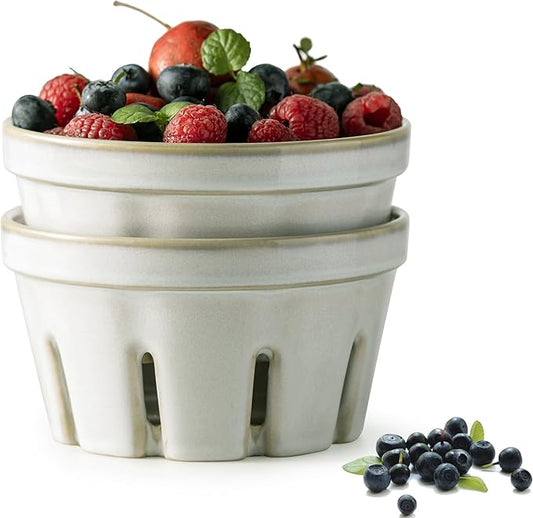 Gomakren Ceramic Berry Basket Set of 2, Fruit Bowl Colanders 5.8 Inch White | Drain Holes Keep Berries Fresh, Stackable Space-Saving, Dishwasher Safe, Versatile Fruit Serving & Farmhouse Kitchen Decor by Gomakren