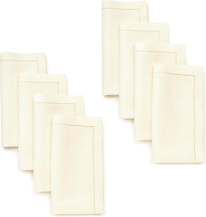 Signature Linen™ by D'Moksha Ivory Dinner Napkins Set of 8, 20 x 20 Inch Cloth Napkins, 100% Pure Linen, Hemstitch, Machine Washable Table Napkins- Summer, Weddings, Outdoor hostings by DMokshaHomes