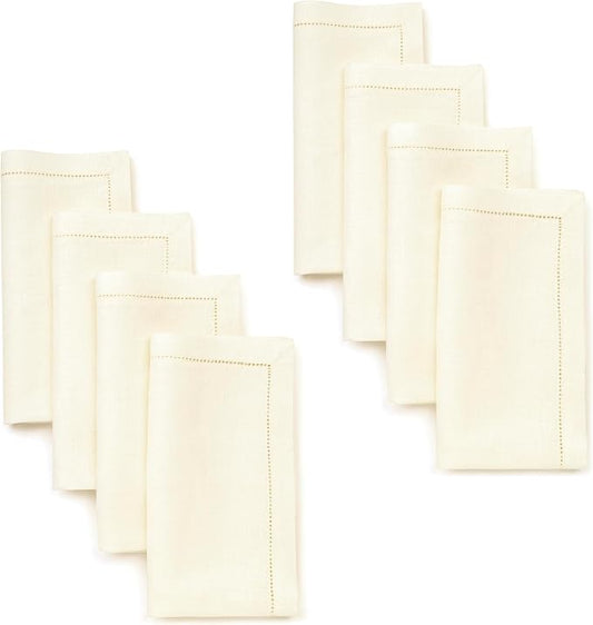 Signature Linen™ by D'Moksha Ivory Dinner Napkins Set of 8, 20 x 20 Inch Cloth Napkins, 100% Pure Linen, Hemstitch, Machine Washable Table Napkins- Summer, Weddings, Outdoor hostings by DMokshaHomes