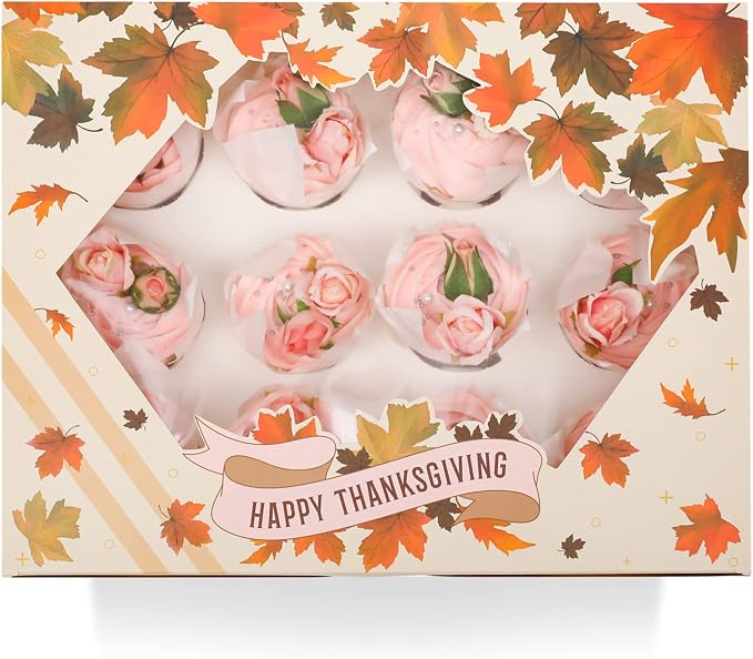 qiqee Thanksgiving 12 Cupcake Boxes with Window 16-Packs Cupcake Box 13"x10"x3.5" Cupcakes Carrier, 12 Cupcake Containers For Thanksgiving Day by Qiqee