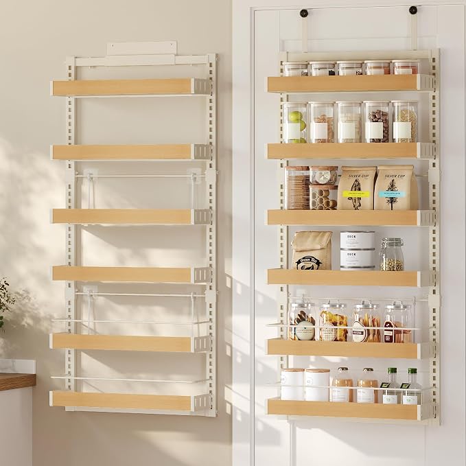 SONGMICS 6-Tier Over the Door Pantry Organizer, Adjustable Spice Rack with Anti-Tipping Wire, Wall Mounted Storage, 16.9 x 6.2 x 55.3 inch, Matte White, UKCS048W101 by Unknown