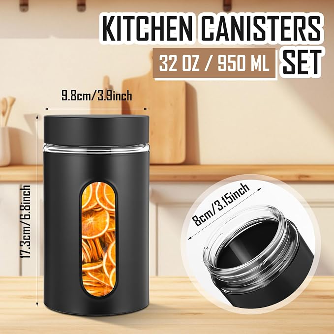 Patelai 6 Pack Kitchen Canisters Set Airtight Stainless Steel Canister Food Storage Container with Window Glass, Coffee Sugar Candy Jars Tea Organizer for Flour Cookies Spice (Black,32 oz) - Image 2