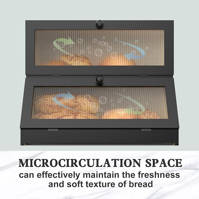 LOHASOK Bread Box for Kitchen Countertop,Black | 2-layer, Bamboo, Large, Farmhouse Bread Container Holder Storage, Acrylic translucent window - Image 3