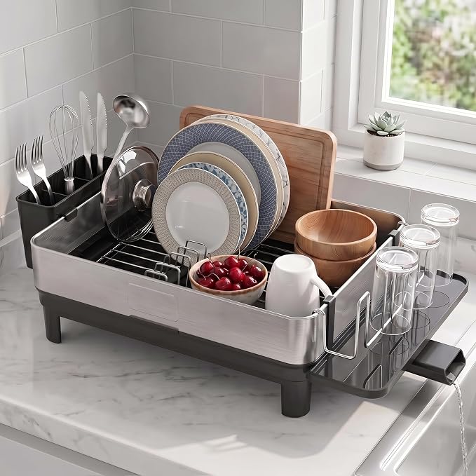 Dish Drying Rack, 17-Inch Dish Drainer for Countertop, Stainless Steel | 4-Way Adjustable Drainage Spout, Removable Cup & Chopstick Holder, Tool-Free Setup, Rustproof Utensil Holder for Kitchen Sink by Unknown