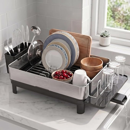 Dish Drying Rack, 17-Inch Dish Drainer for Countertop, Stainless Steel | 4-Way Adjustable Drainage Spout, Removable Cup & Chopstick Holder, Tool-Free Setup, Rustproof Utensil Holder for Kitchen Sink by Unknown