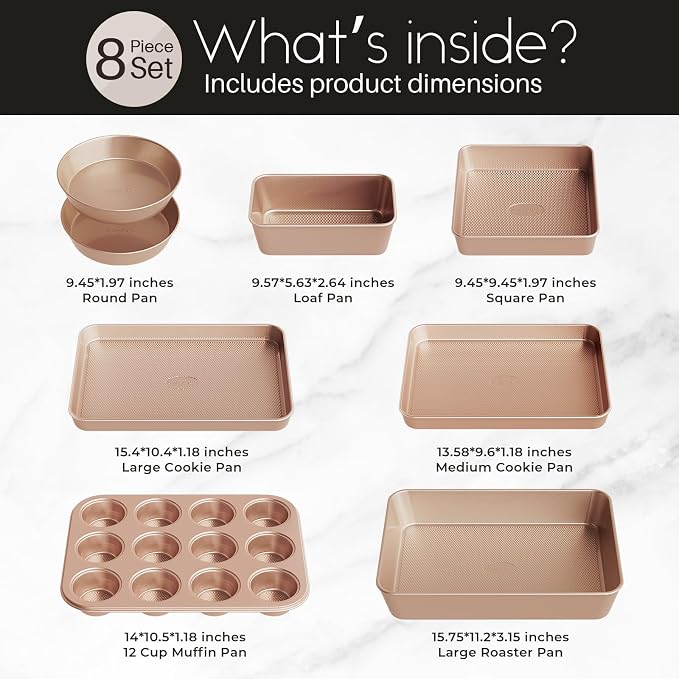 Baking Pans Set 8-Piece Bakeware Sets, Baking Sets for Nonstick Pan Set | Cooking Nonstick Oven Pan Set, Baking Sheet Set, Cookie Sheets for Baking, Muffin Pan, Cookie Sheets (Ceramic Coated Gold) - Image 7