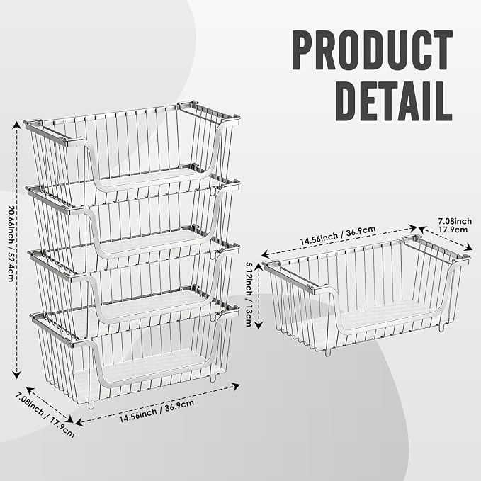 4 Pcs Stackable Wire Baskets for Pantry Organizers and Storage,silver | Vegetable Fruit Basket for Countertop,Kitchen Storage Metal Baskets,Produce Potato Onion Storage Bin, - Image 7