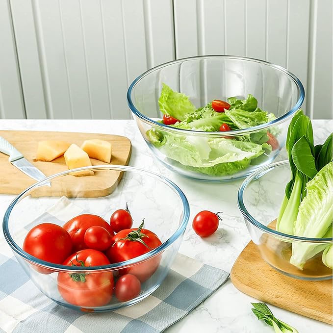Homwin Glass Mixing Bowl Set for Baking 3-Piece Salad Bowl Set (1qt, 2.5qt, 4.2qt), High Brosilicate Large Bowls for Kitchen Prepping Serving and Storage, Microwave Dishwasher Oven Safe - Image 6